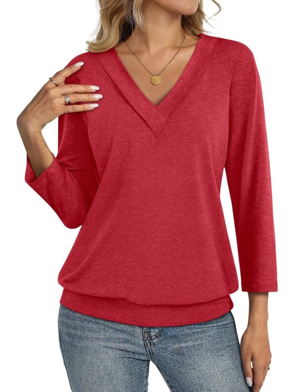 Women's Red V Neck Cotton Banded Bottom 3/4 Sleeve Shirts Summer Casual Blouses